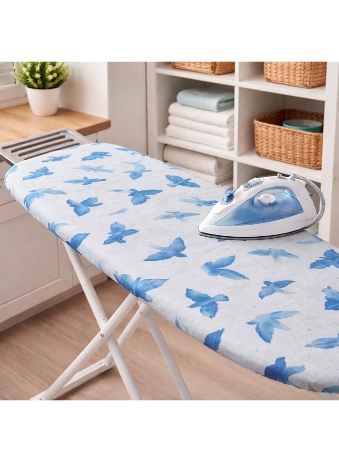 غطاء طاولة حديد مقاوم للحرارة من مادة فاخرة سهلة التركيب سطح نظيف يناسب طاولة الكي مقاس 120 × 38 سم متعدد الالوان تصميم مخطط للاستخدام المنزلي والغسيل، كتان ثقيل (ابيض وازرق) - Image 1